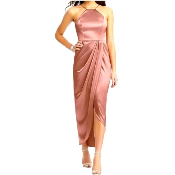 After Six Dresses & Skirts - After Six Desert Rose Draped Halter Midi Dress in Shiny Stretch Charmeuse | 16R
